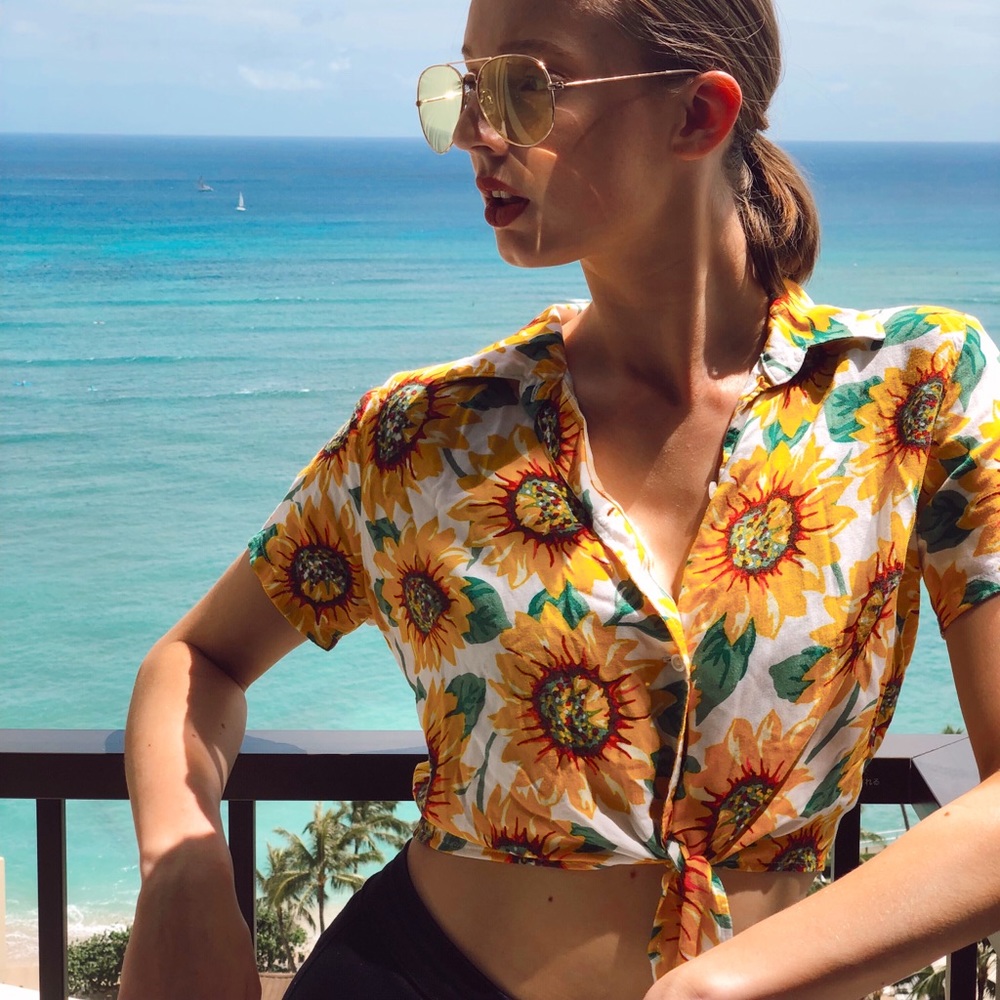 American Apparel Yellow Sunflower Tie Front Short